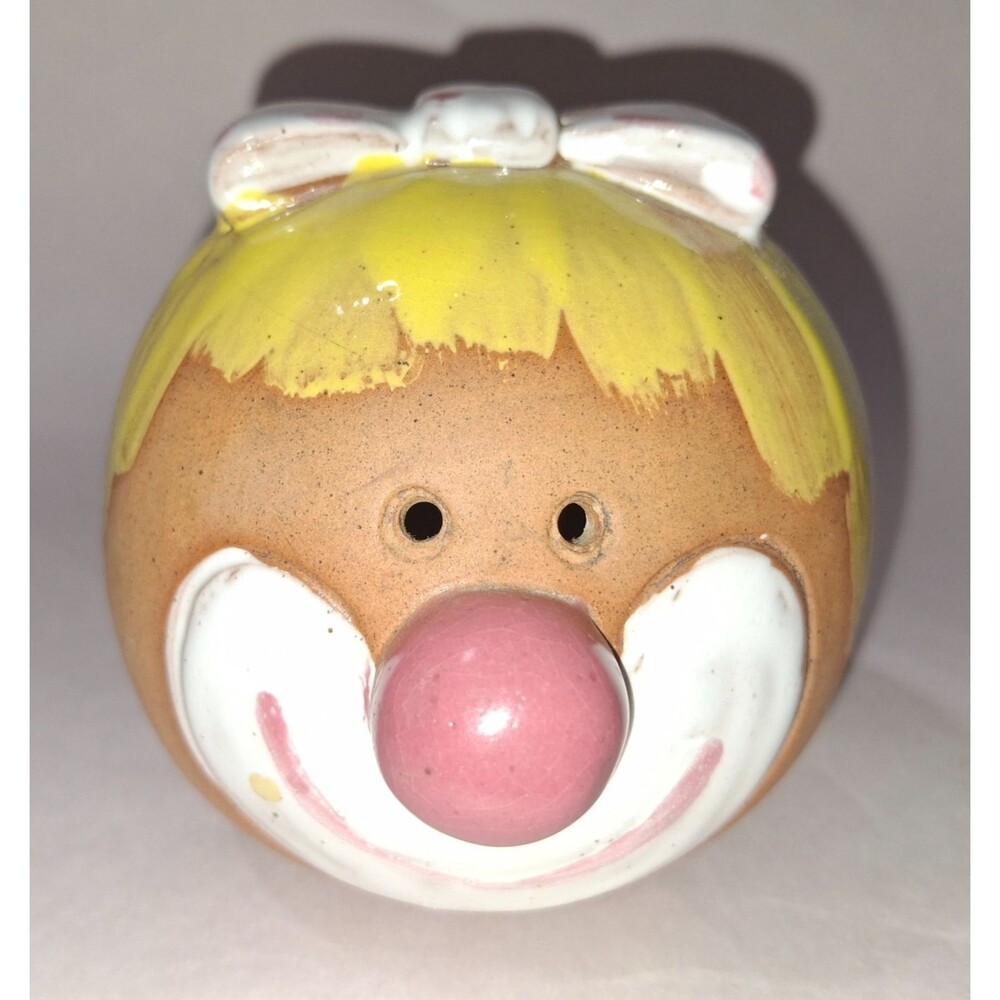 Unique Rare Clay Clown Coin Bank Terracotta 3.5 inch White with Pink Dots Bow